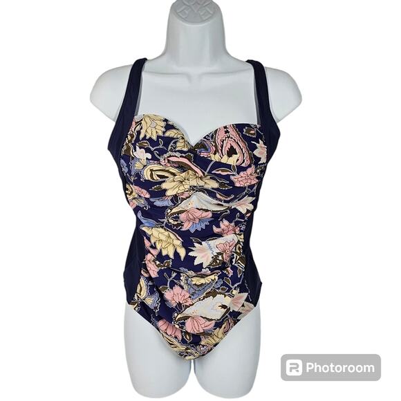Romenza Targo One Piece Navy + Floral Bandeau Swimsuit Size 6-8* *READ - Picture 1 of 13